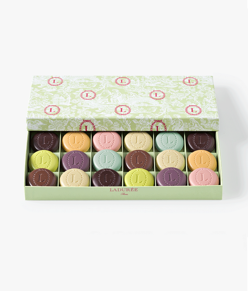 A boxed set of 18 Eugenies featuring the following fragrances: rose, caramel, chocolate, pistachio, vanilla, Marie-Antoinette tea, blackcurrant violet and orange blossom.