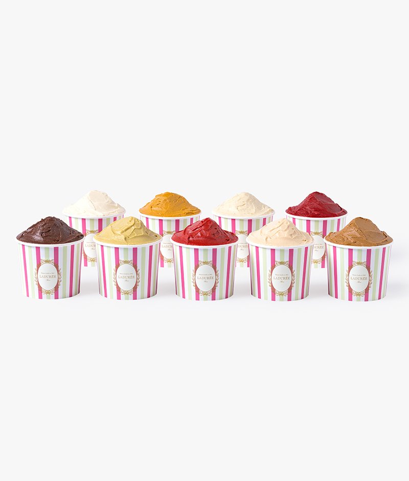 Discover our assortment of 9 ice cream and sorbet flavors: vanilla, chocolate, raspberry, caramel, pistachio, rose, strawberry, lemon and coffee.