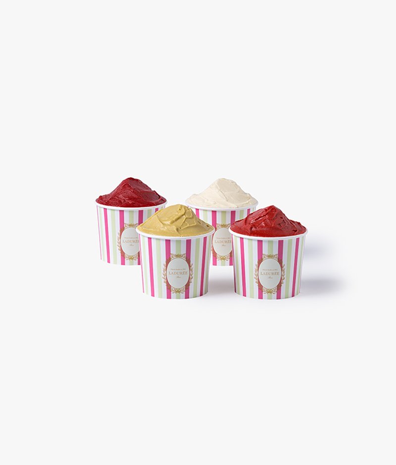 Discover our assortment of 4 ice cream and sorbet flavors: pistachio, strawberry, raspberry, lemon.