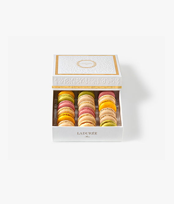 To celebrate its 160th anniversary, Ladurée has created an exclusive box of 18 macarons. The relief and gilding motif is inspired by the ceiling of the first Ladurée boutique on Rue Royale.