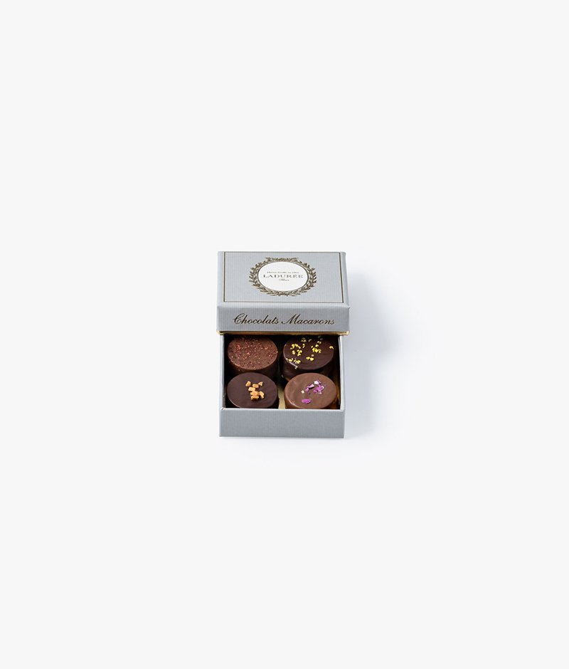 This box contains 4 chocolates enveloping caramel, pistachio, rose and raspberry macaroon shells.