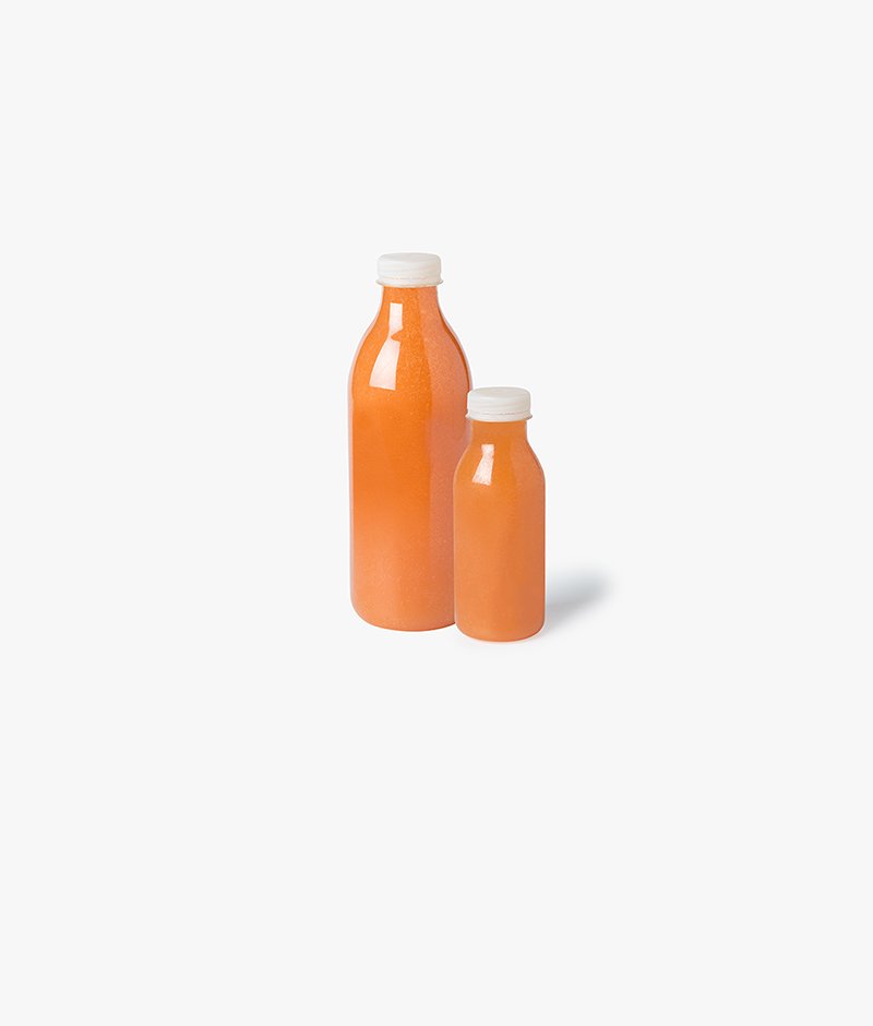 Freshly squeezed grapefruit juice, available in 33cl and 1L. 33cl bottles come with one cup and 1L bottles come with 4 cups.