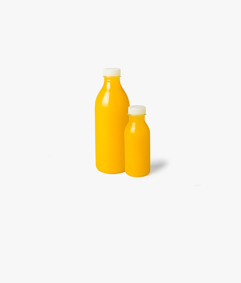 Freshly squeezed orange juice, available in 33cl and 1L. Each 33cl bottle comes with a cup and each 1L bottle comes with 4 cups.